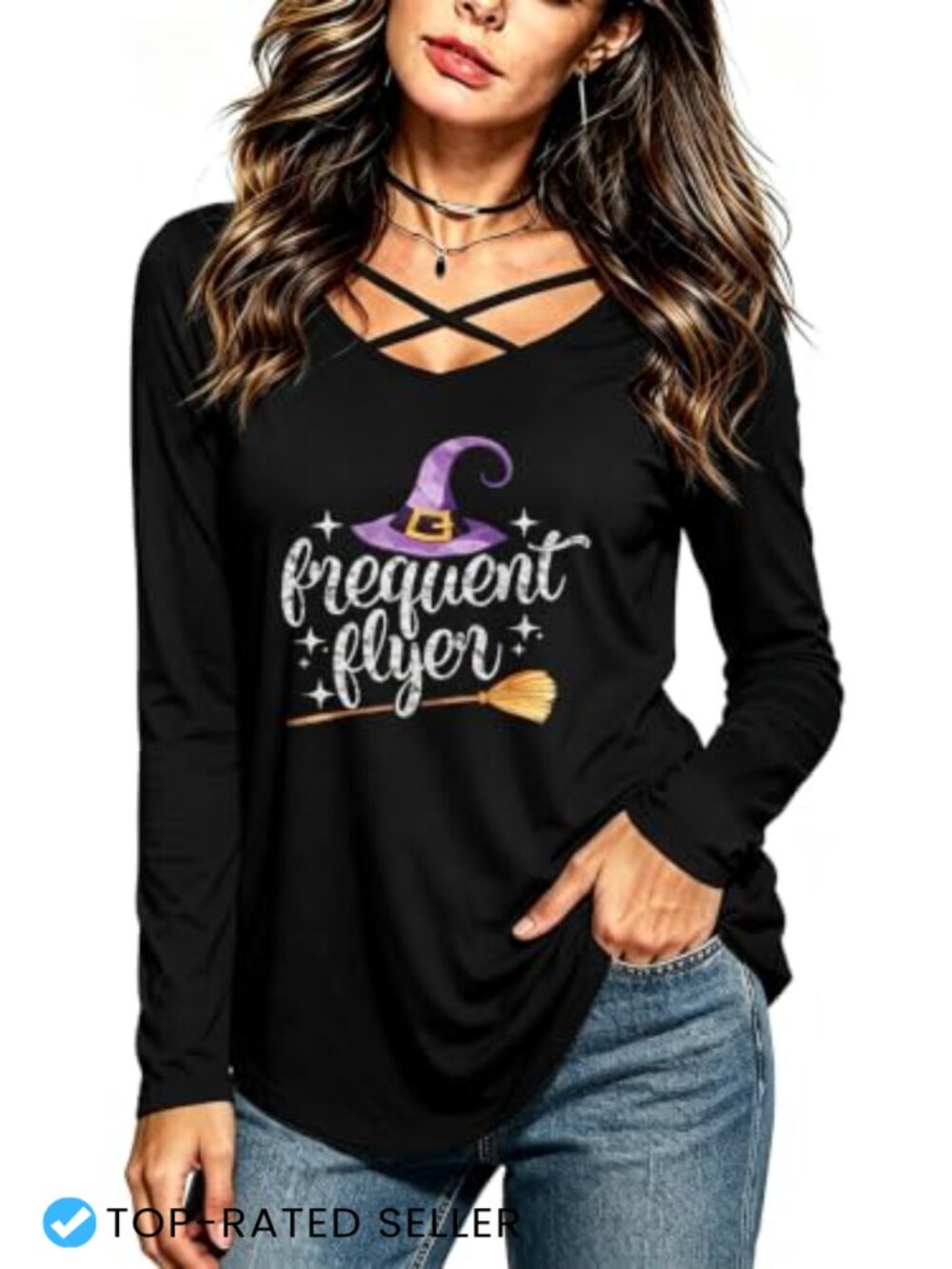 Criss Cross V-Neck Long Sleeve Halloween T-Shirt